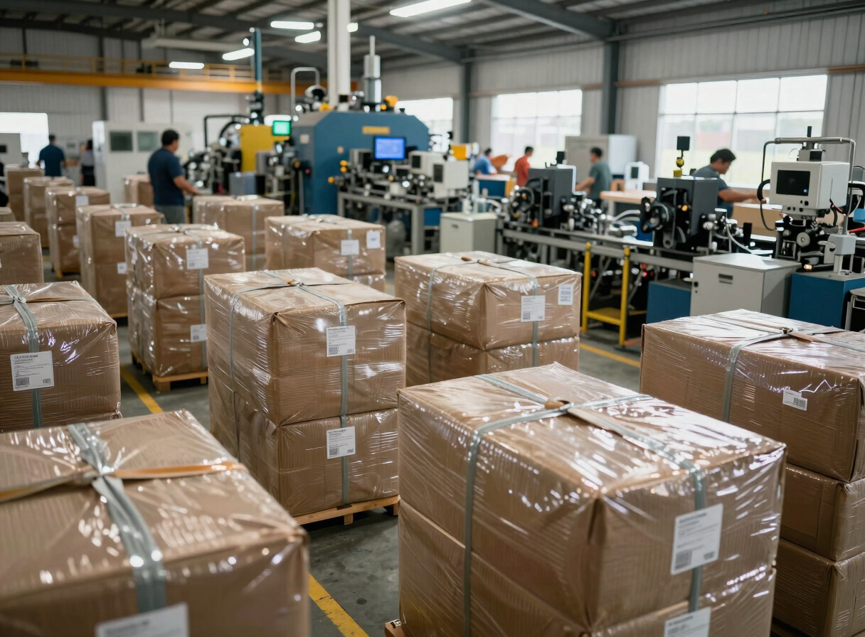 An organized industrial manufacturing facility in Mexico, high-quality export products being packaged, natural bright lighting.