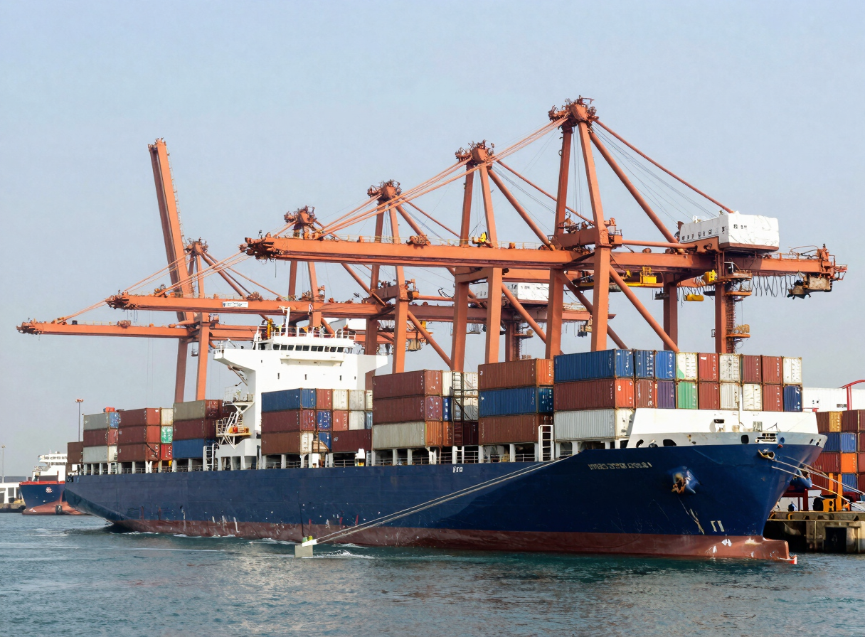 Wide shot of container ships docked at a modern Mexican port, organized cranes, clear daylight, clean industrial composition.