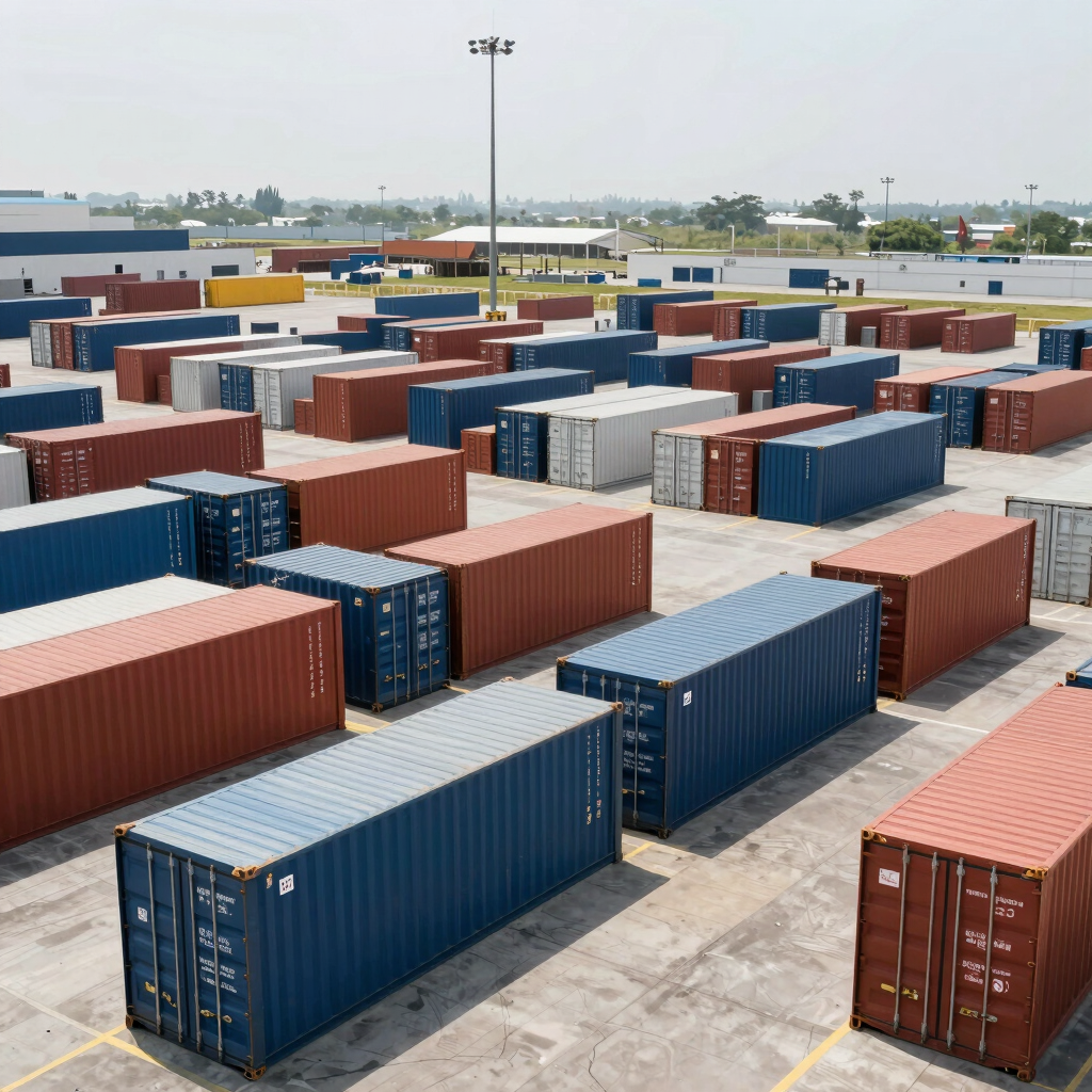 Wide-angle industrial shot of a clean, organized logistics terminal in Mexico, rows of shipping containers, bright daylight, precise alignment.