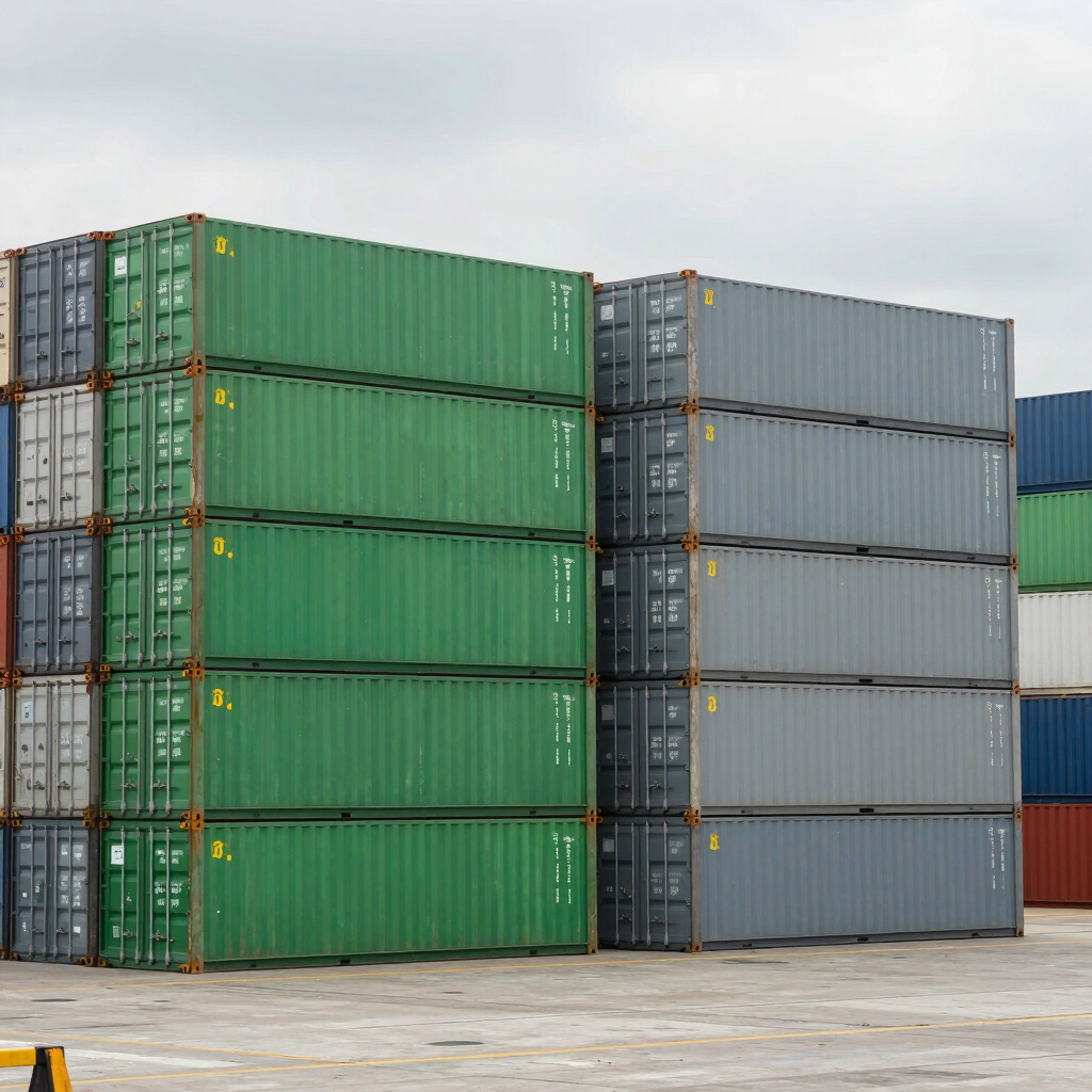 Wide shot of a modern Mexican shipping port terminal in Manzanillo, neat stacks of green and slate grey containers, daylight, professional logistics infrastructure, no people.